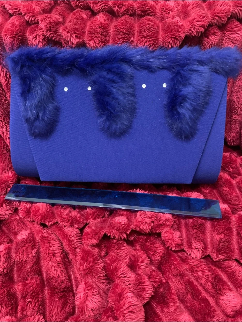 Blue Faux Fur Accent Clutch Bag - Women's Evening Bag